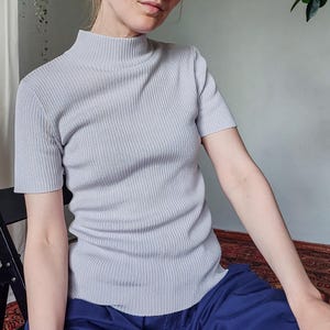 Vintage Rib Knit Mockneck Top: 90s Cotton Blend Sweater, Pale Violet