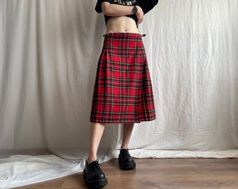 Vintage Pleated Red Plaid Wool Wrap Skirt, High/Low Waist Tartan Kilt, A-Line Check School Girl Skirt, Small Medium S M