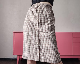 Vintage 1990s Minimalist Button Front Midi Skirt with Pockets - Cream Brown Check - Size S