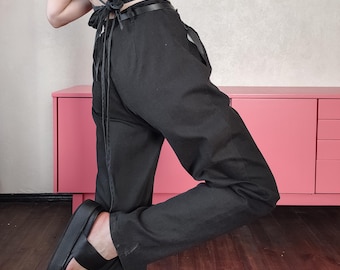 Vintage Black Pleated Pants - 90s Linen Blend Tailored Tapered Trousers - Size S