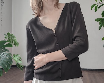 Vintage Silk Blend Cardigan - Ann Taylor Dark Brown V-Neck - Size M