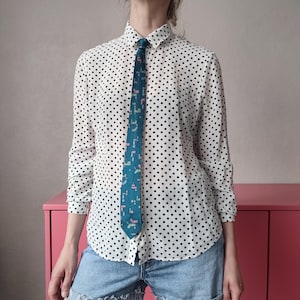 Vintage Men's Silk Necktie - Playful 80s Geometric Print Skinny Tie in Teal