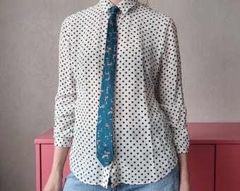 Vintage Men's Silk Necktie - Playful 80s Geometric Print Skinny Tie in Teal
