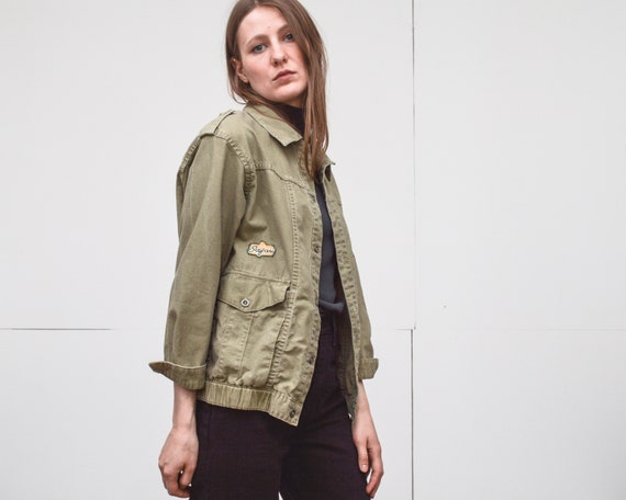 Vintage 70s safari jacket khaki green collared cot