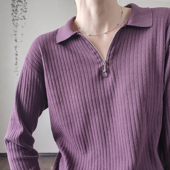 Vintage 90s Purple Cotton Quarter Zip Top - Ribbed Long Sleeve, S/M