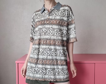 Vintage 90s Collared T-shirt - Ethnic Print Short Sleeve Top