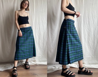 vintage Jupe portefeuille plissée en laine à carreaux bleu-vert, kilt taille haute/basse, jupe midi trapèze écossaise, moyenne grande taille M L