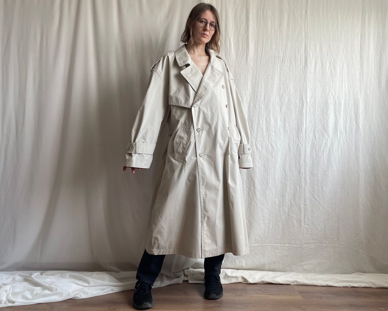 Maxi trench croisé blanc cassé vintage, pardessus ceinturé avec col à revers des années 90, moyen Extra Large M L XL image 7