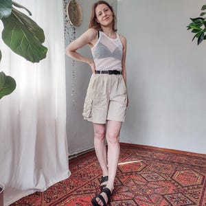 Vintage Wide Leg Side Pocket Shorts in Light Khaki Beige, High Waisted Lightweight Cotton Utility Shorts, Small Size S