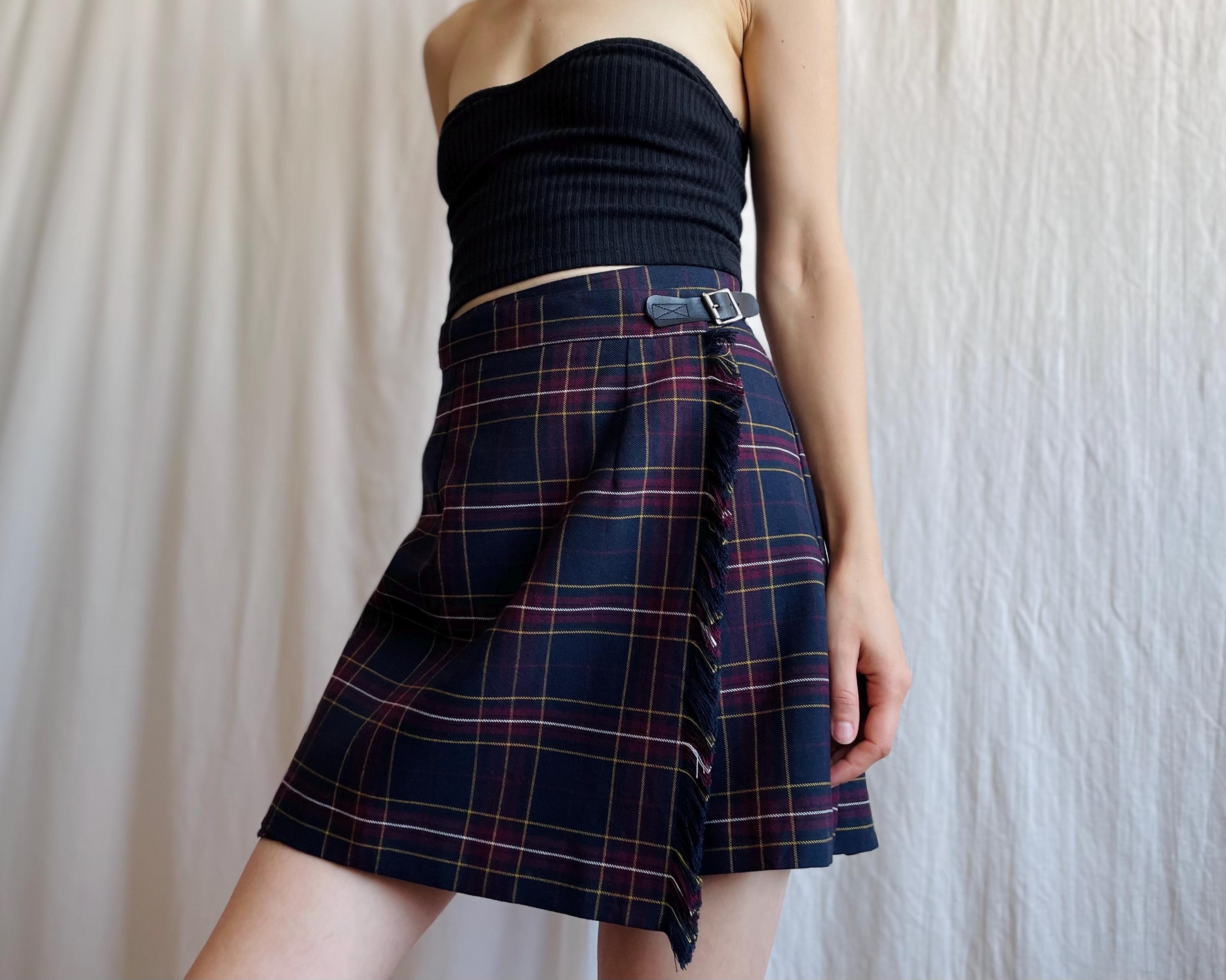 80〜90s Vintage Quilt Pleats Check Skirt Vintage Pleated Check Mini Skirt, 90s Grunge Plaid Kilt