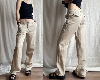 Vintage Pantalon d'été large en lin et soie mélangées beiges, Année 2000 - Pantalon ample taille moyenne avec poches latérales, Petite taille S