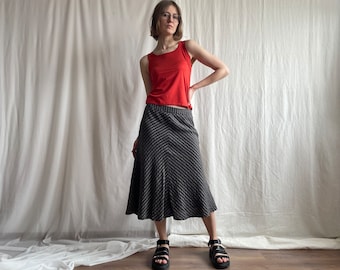 Vintage Linen Blend Flared Diagonal Striped Midi Skirt, Low Waist A-line Bias Cut Skirt in Brown, Small Medium Size S M