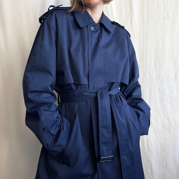 Trench-coat mi-long vintage ceinturé en bleu marine, pardessus Midaxi à col classique des années 80 avec poches latérales, petit moyen grand