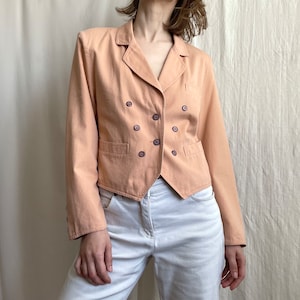 Vintage Cropped Blazer in Salmon Pink, 80s Lapel Collar Button Front Cotton Jacket With Pockets, Small Size XS S