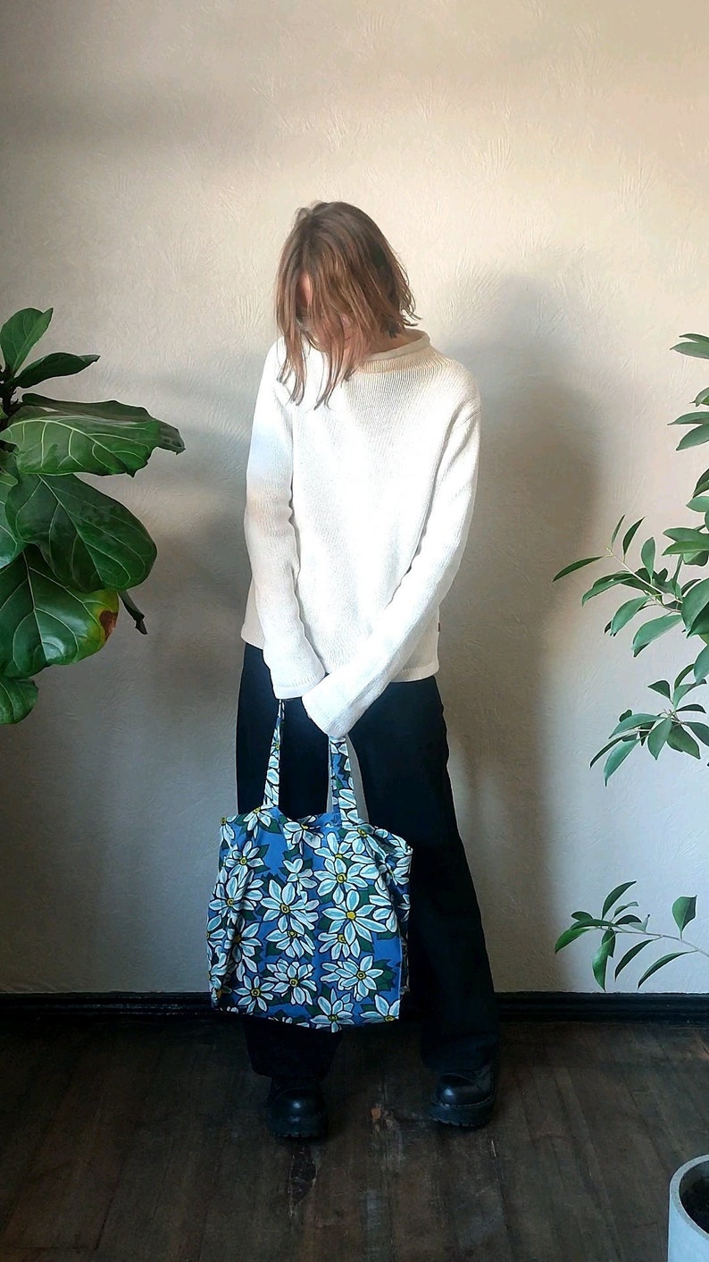 Handmade tote bag upcycled large floral in blue white yellow fabric shopper reusable market bag image 1