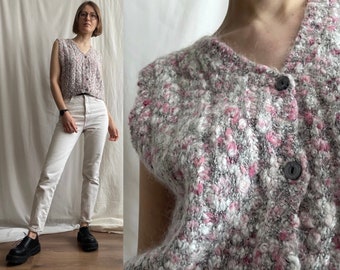 gilet pull court finlandais vintage en mélange de mohair rose floue, débardeur boutonné à col en V en grosse maille, petite taille S