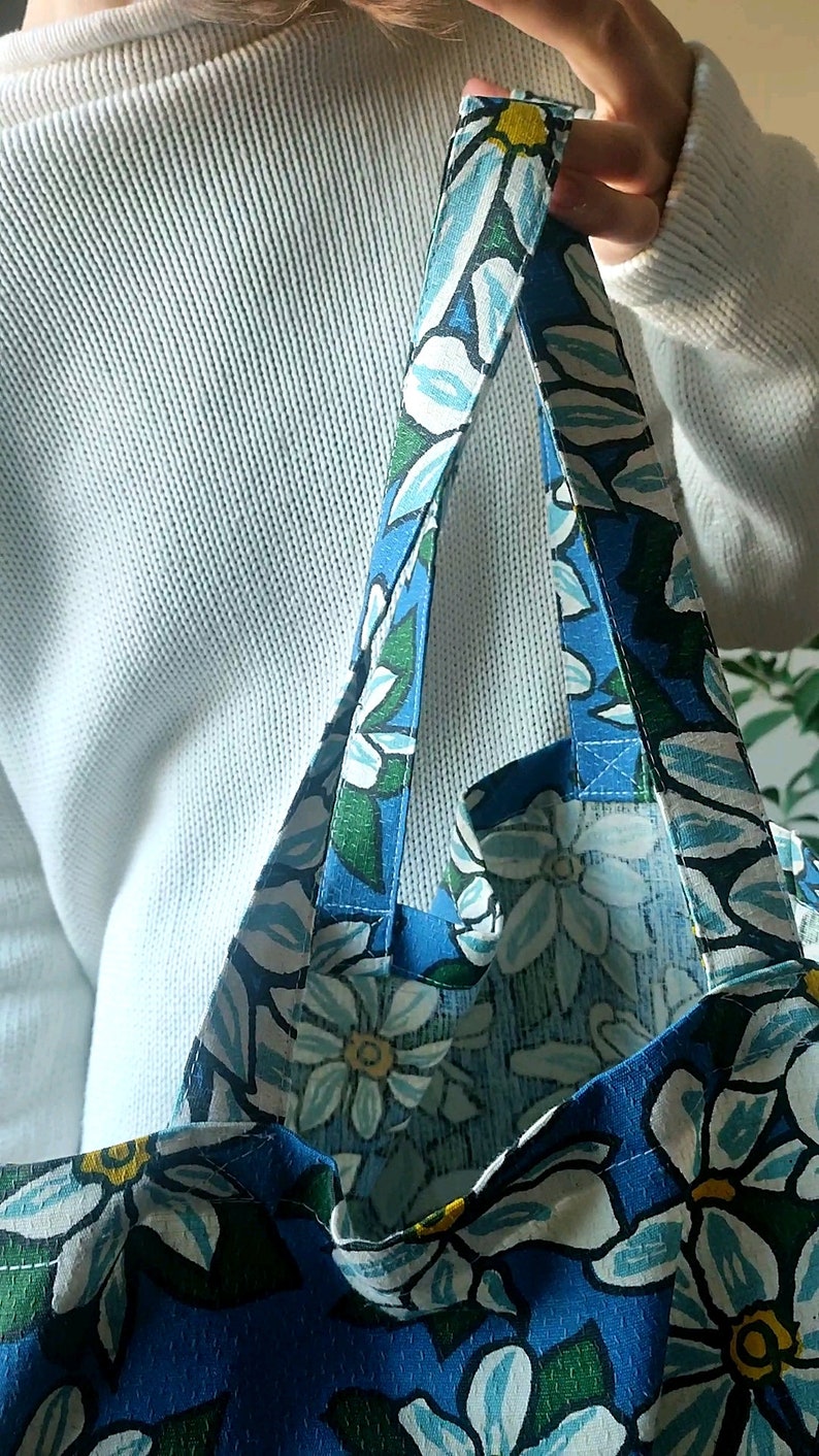 Handmade tote bag upcycled large floral in blue white yellow fabric shopper reusable market bag image 5
