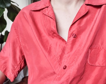 Vintage 80er Jahre Seidenbluse - Järvi Muoti Hot Pink Kurzarm Shirt - Grösse M