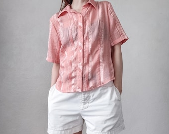 Vintage Sheer Striped Wide Elbow Sleeve Blouse in Salmon Pink - Size S/M