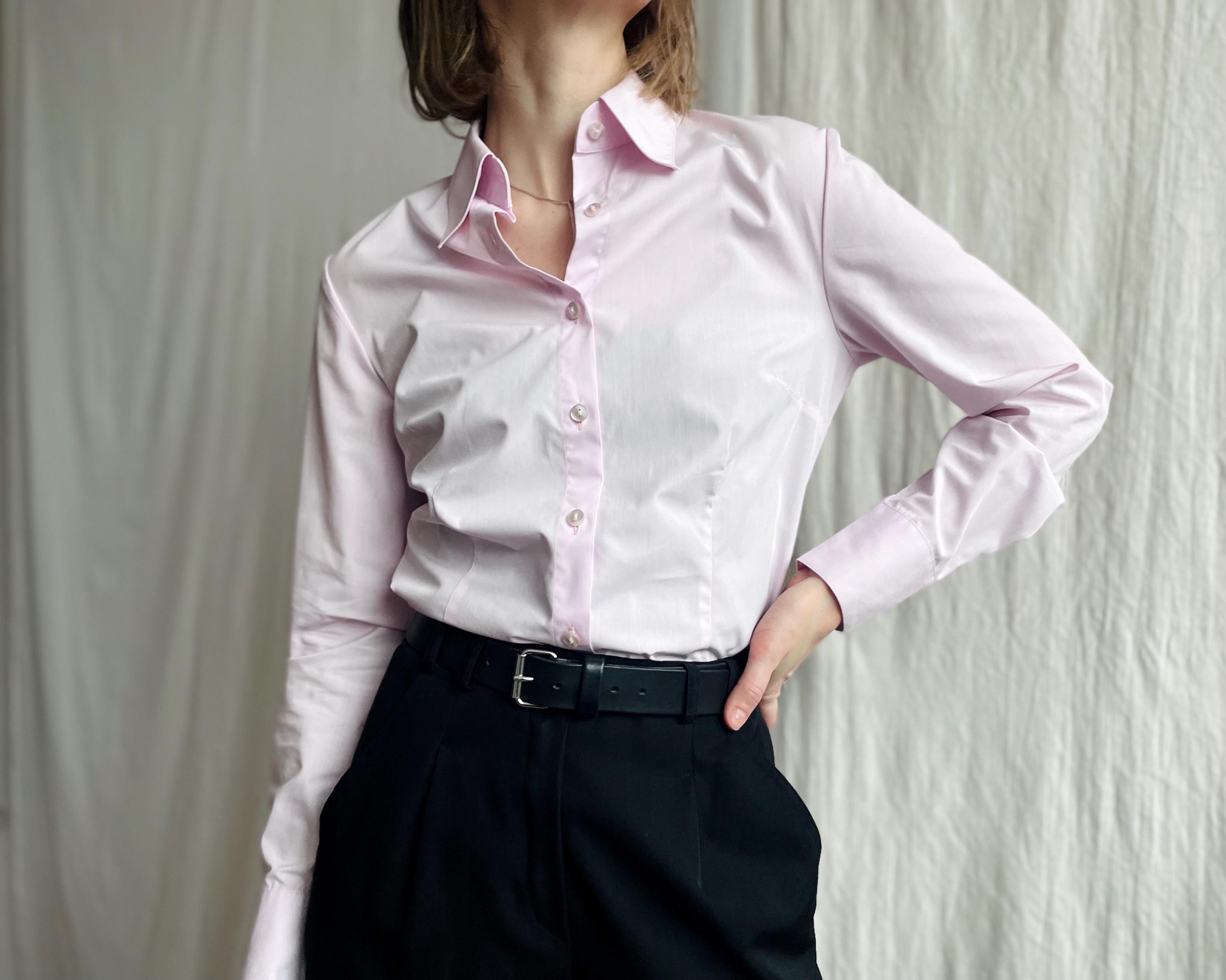 Vintage Pale Pink Long Sleeve Blouse, Slim-Fitted Corporate Shirt with Pointed Collar & Side Slits, Small Size S