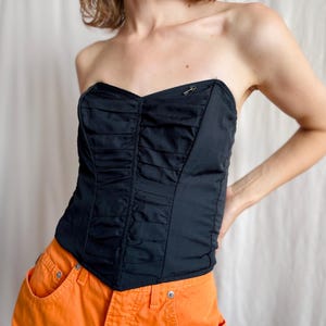 Vintage Boned Ruched Corset Top in Black, 80s 90s Chic Hook