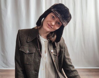 Czapka traperska z futra sztucznego w stylu vintage, brązowa, zimowa czapka w stylu rosyjskim (rozmiar XS/S)