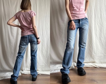 Vintage lichte wassing denim broek met rechte pijpen, Y2K jeans met verlaagd kruis, jeans met krijtstreep, kleine middelgrote maat S M