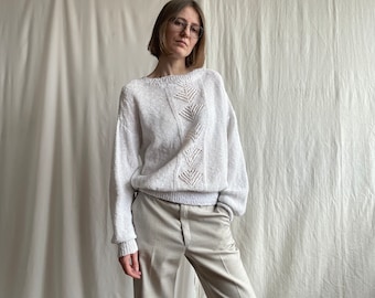 Vintage White Knitted Cotton Sweater, 80s Loose Fit Long Sleeve Knitted Spring Pullover Jumper, Small Medium Size S M