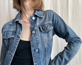 Vintage Cropped Denim Jacket: Dark Wash Jean Jacket, Size XS