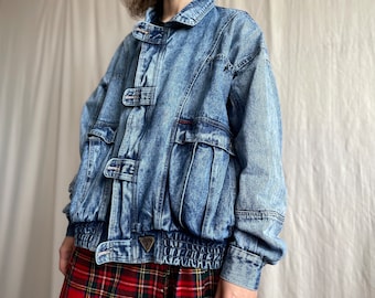 Vintage Acid Wash Denim Bomber Jacket, 80s Collared Zip Up Oversized Jean Jacket with Utility Pockets, Small Medium S M