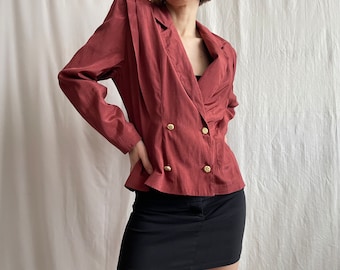 Vintage Italian double breasted cropped blazer in orange red, elegant 80s lapel collar viscose jacket, Small Medium S M