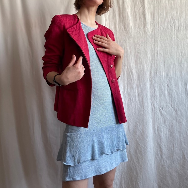 Vintage JÄRVI MUOTI asymmetrisch geschnittener Blazer aus Seide-Leinen-Mischung, elegante kragenlose Jacke in Himbeerrosa, Kleine Größe s