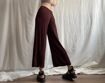 Vintage Brown Crinkled Elastic Waist Wide Leg Culottes, Loose Fit Capri Pants, Summer Trousers, Small Medium size S M