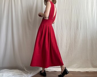 Vintage Red Sleeveless Cottagecore Flare Maxi Dress, Full A-Line Pinafore Midaxi Dress, Small Medium Size S M