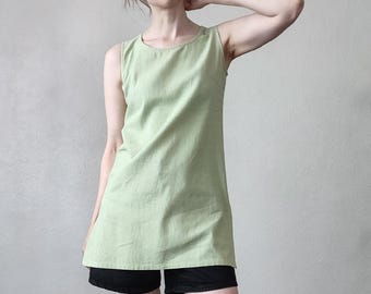 Vintage Linen Blend  Tunic Tank Top in Soft Green - Layering Mini Dress - Size M