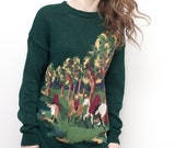 vintage dark green large forest scene hipster sweater