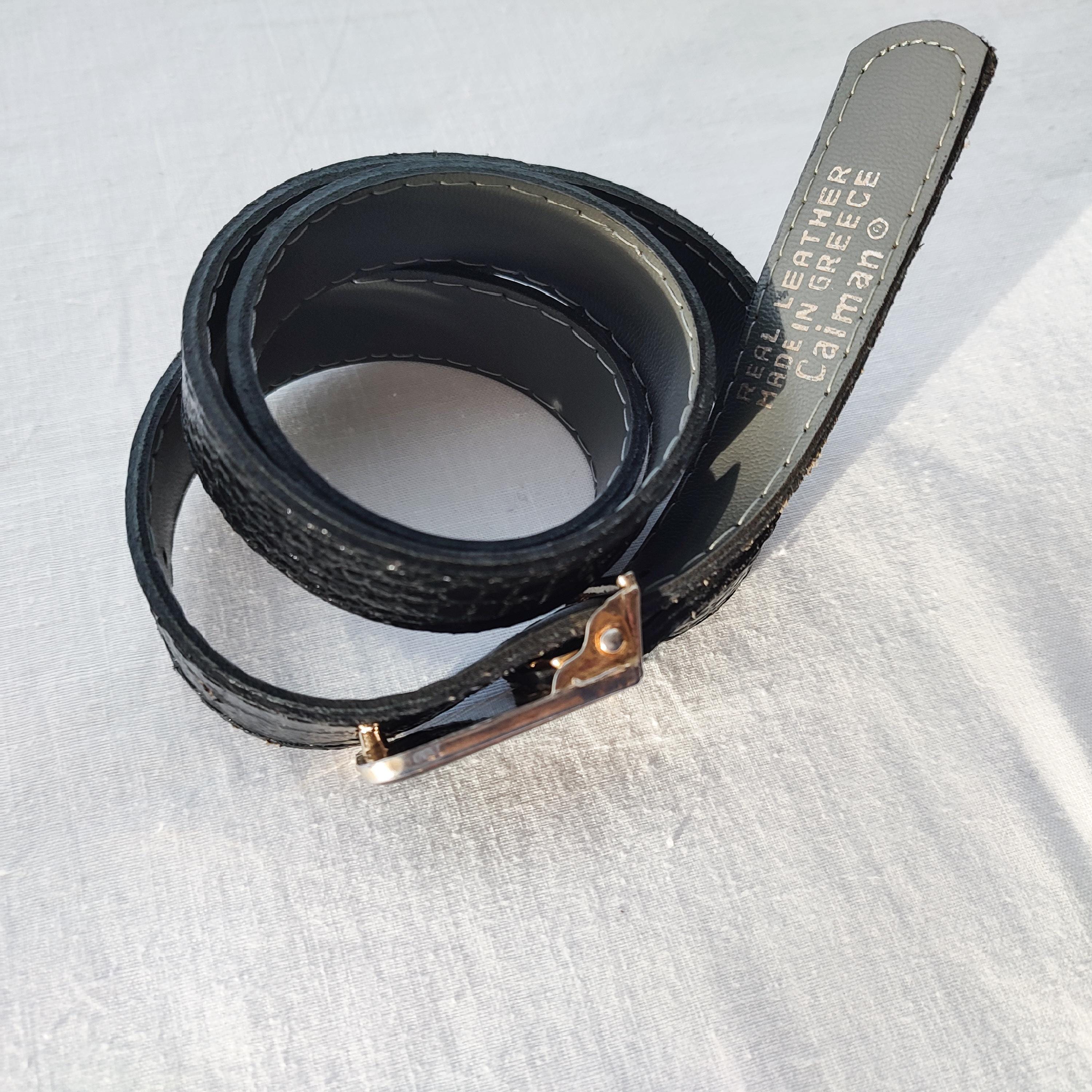 Vintage Black Shiny Croc Embossed Leather Belt With Alligator