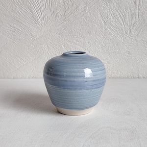 Può includere: Un piccolo vaso rotondo in ceramica blu con base bianca. Il vaso ha una finitura lucida e linee orizzontali strutturate. L'apertura è piccola e il vaso è su una superficie bianca. Lo sfondo è un muro bianco strutturato.