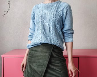 Vintage Light Blue Cable Knit Sweater - Ramie Blend Summer Jumper - Size L