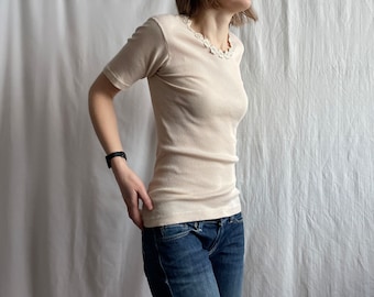 haut vintage ajusté à manches courtes en tricot de coton beige, t-shirt décontracté à col rond en coton en mailles fines côtelées, petite taille S