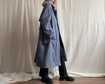 Vintage warme trenchcoat met één rij knopen, jaren '80, jaren '90 blauw gewatteerde midi-jas met zijzak, klein medium groot