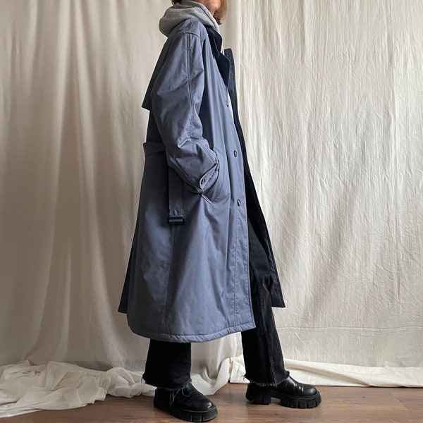 Vintage Belted Single Breasted Warm Trench Coat, 80s 90s Blue Padded Side Pocket Midi Coat, Small Medium Large