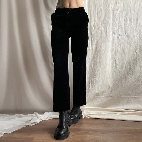 Pantalon cigarette vintage en velours noir taille haute jambe droite, pantalon cheville avec poche latérale, très petite taille XXS XS Petite