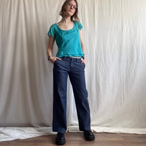 Pantalon en jean vintage taille basse à plis larges, pantalon en jean bleu foncé de l'an 2000 avec poches latérales, petite taille S image 2