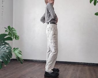 Pantaloni cargo beige grigi vintage anni '90 - Pantaloni in cotone a vita alta, taglia S