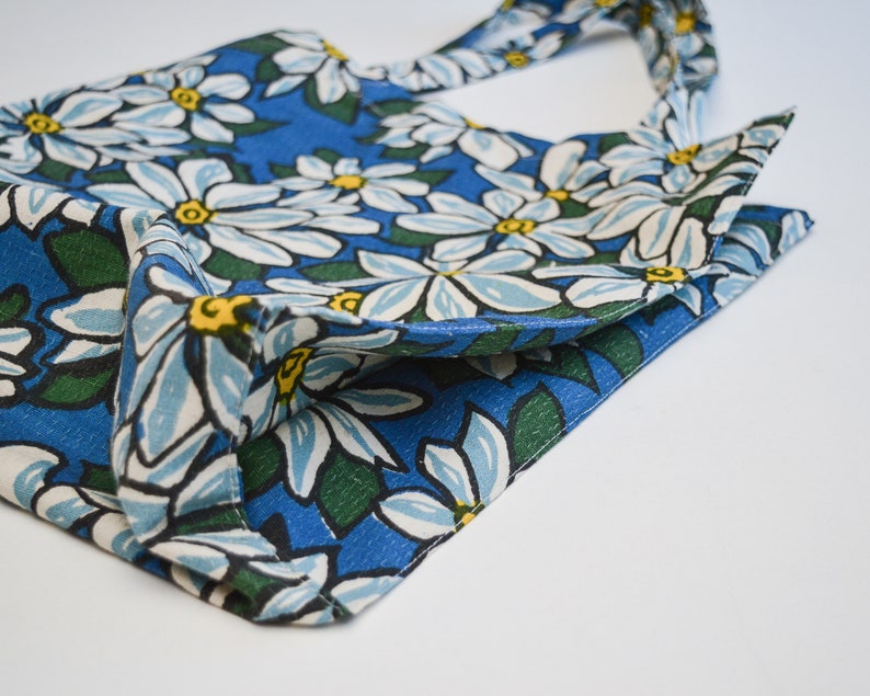 Handmade tote bag upcycled large floral in blue white yellow fabric shopper reusable market bag image 10