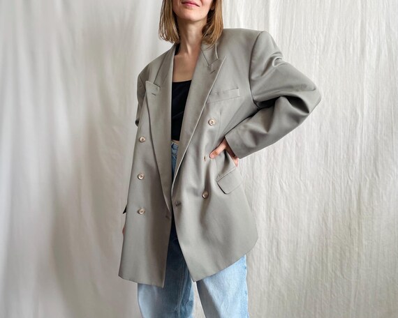 Vintage Oversized Double Breasted Khaki Green Wool Blazer, Men