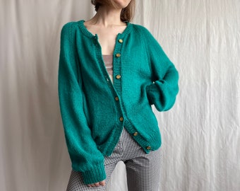 Vintage Knitted Oversized Green Cardigan, Warm Wide Sleeve Button Front Sweater, Knit Jacket, Small Medium Large