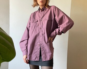 Vintage button front curved hem men's cotton shirt, 90s basic collared long sleeve top in old pink, Small Medium Large