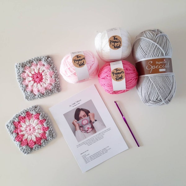 Pink Grey Cosy Crochet DIY cowl Scarf Kit